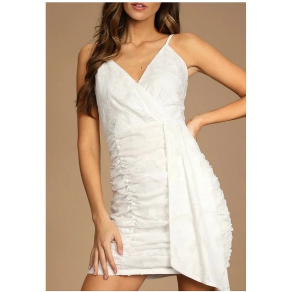 Lulus Dresses & Skirts - Lulus White Floral Burnout Ruched Mini Dress Formal Bridal Shower Bride Medium